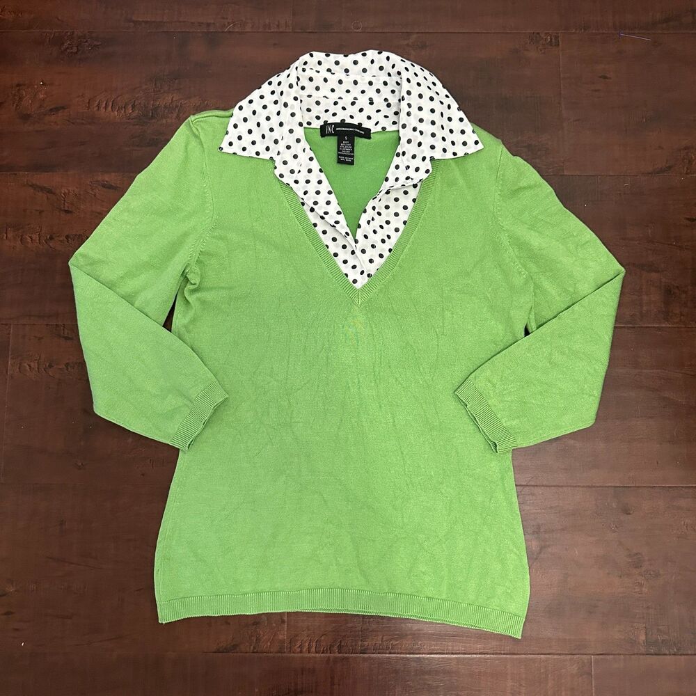 INC Citrine Polka Dot Collar, 3/4 Sleeve Top, Size S